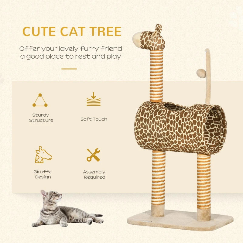 Unique Giraffe-Designed Cat Tree with Scratching Posts, Cat Tunnel & Toy Ball - Beige for Playful Cats
