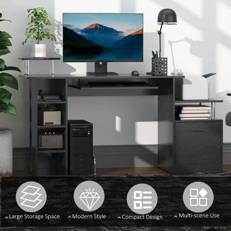 Modern Black Computer Desk with Drawer & Shelves - PC Workstation & CPU Storage Rack for Home Office - 152x60x88cm