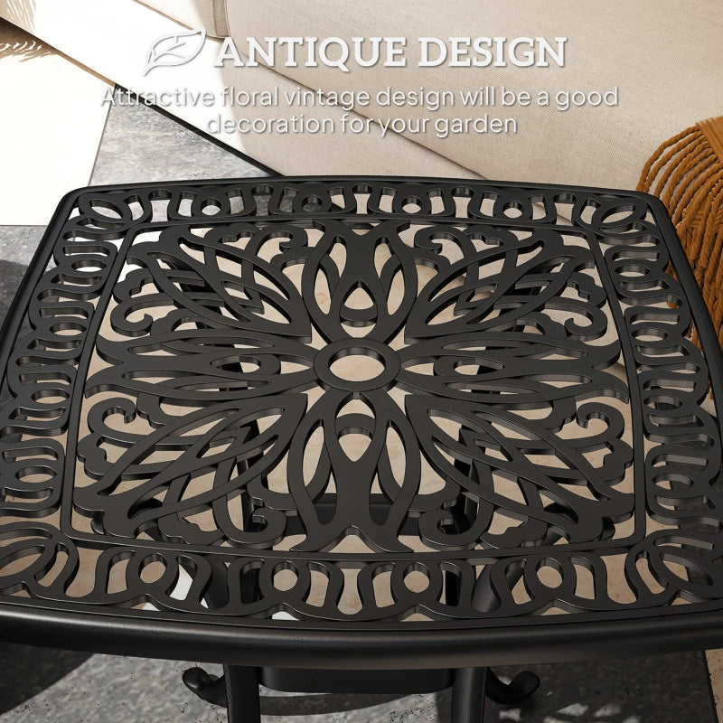 54 x 54cm Black Cast Aluminium Outdoor Garden Table with 38mm Umbrella Hole and Anti-slip Foot Pads for Patio and Balcony