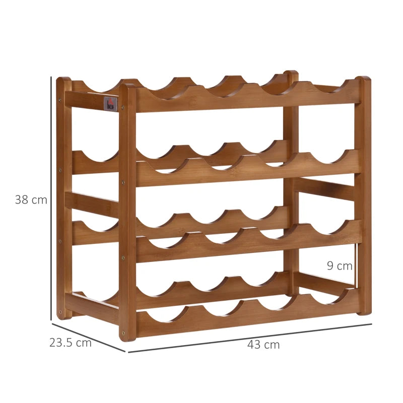 Free Standing Bamboo Wine Rack - 16 Bottle Holder, 4-Tier Water Bottle Organizer, Stylish Display Shelf for Home Bar, Brown