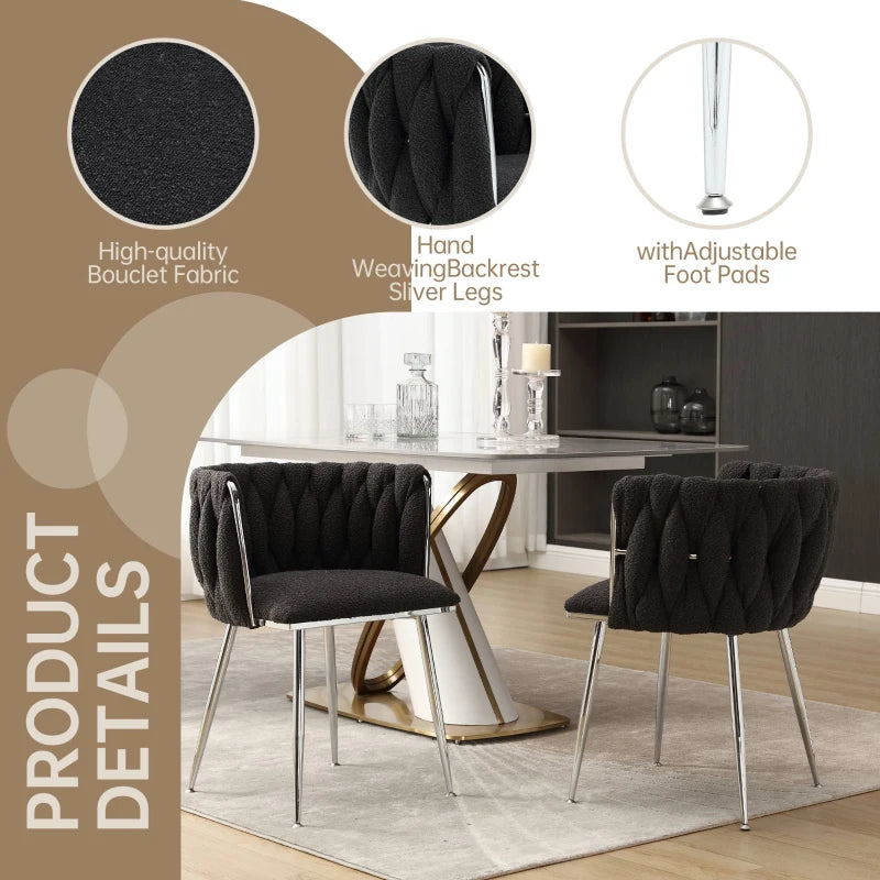 Set of 2 Modern Boucle Upholstered Dining Chairs with Silver Legs & Armrests - Stylish Living Room Seating, Black, 54x52x73 cm