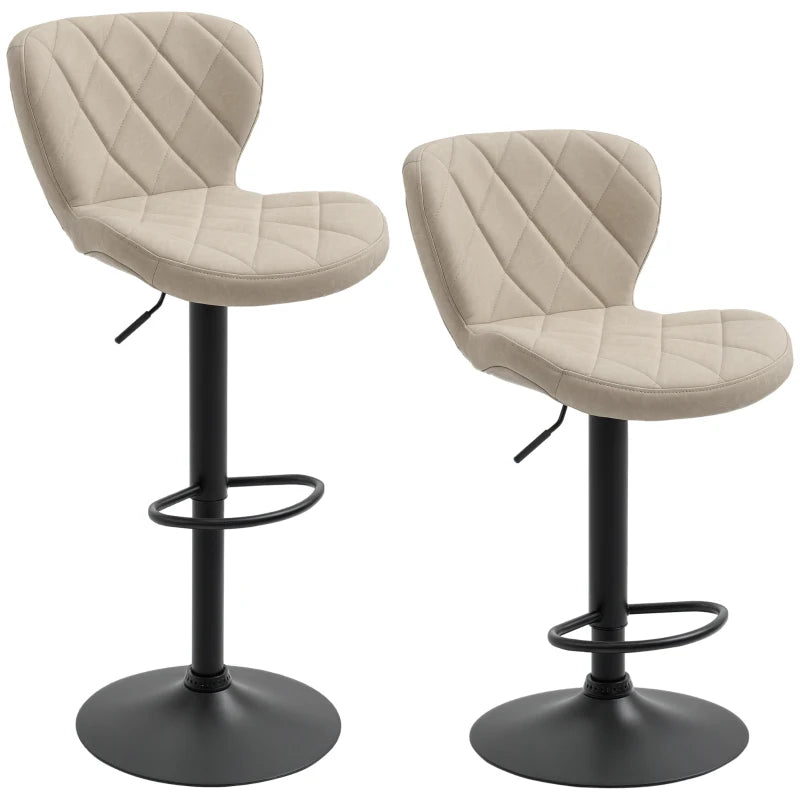 Set of 2 Swivel Bar Stools with Backrest & Footrest - Light Khaki PU, Steel Frame, Diamond Pattern for Kitchen & Dining