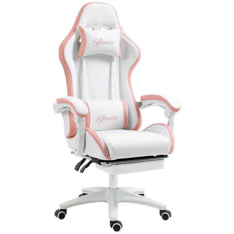 Vinsetto White & Pink Gaming Chair with Footrest, 135° Recline, Lumbar Support, Swivel Wheels - PU Leather Office Desk Chair