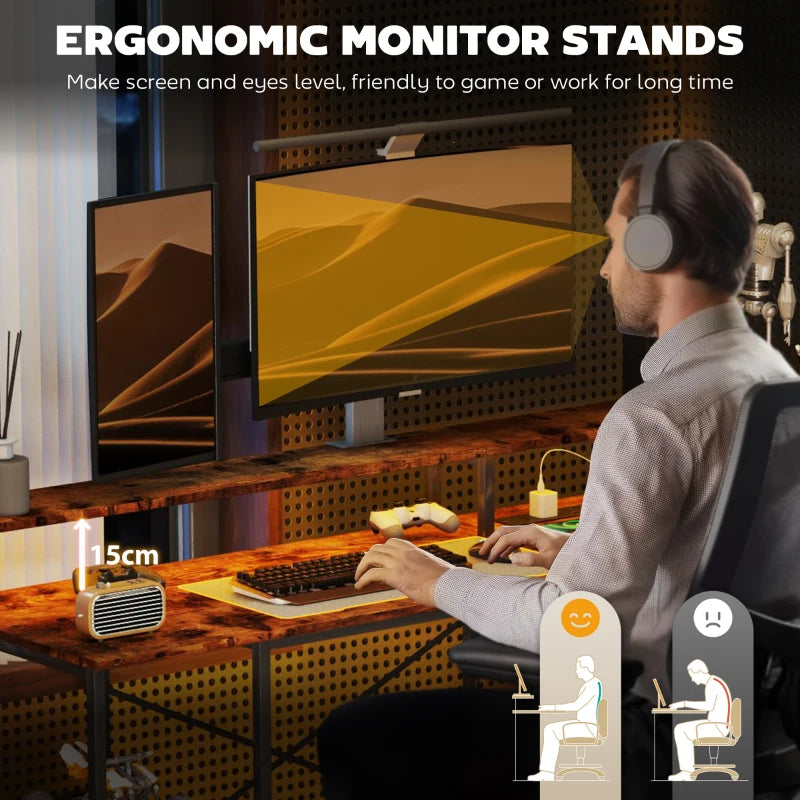 Modern LED Light 'L' Shape Computer Desk with Shelves - Stylish Brown Finish for Home Office