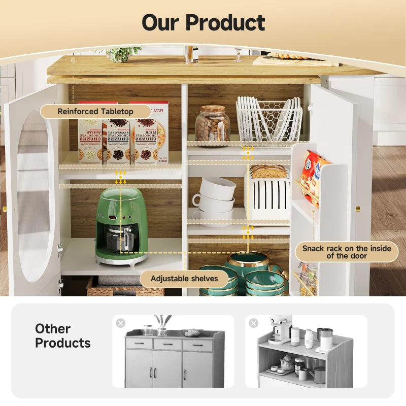 360° Rotating Bar Table with Storage Shelves & Metal Handles - Multi-Functional Dining Table & Sideboard, White, 204L x 39W x 105H cm