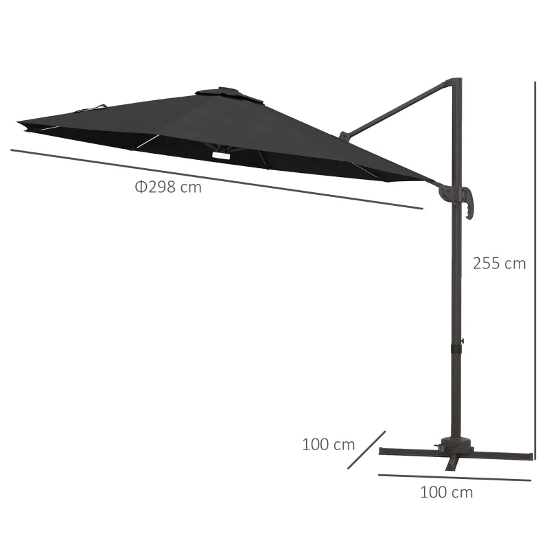 Dark Grey 3m LED Cantilever Sun Umbrella with Solar Lights & Base