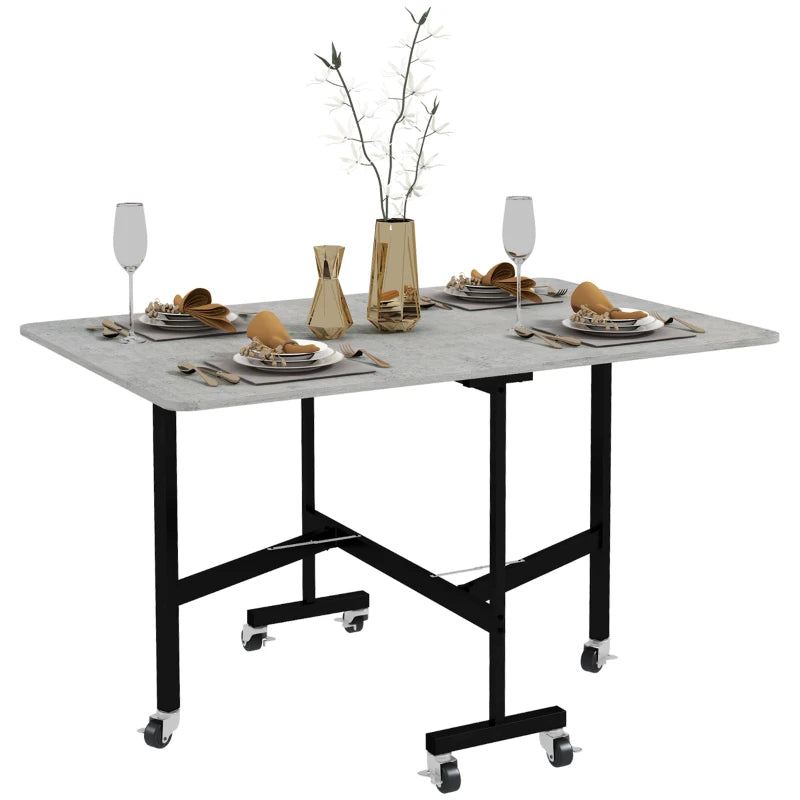 Mobile Drop Leaf Folding Dining Table with 6 Wheels & Brakes - Space-Saving Kitchen Table in Grey Marble Effect