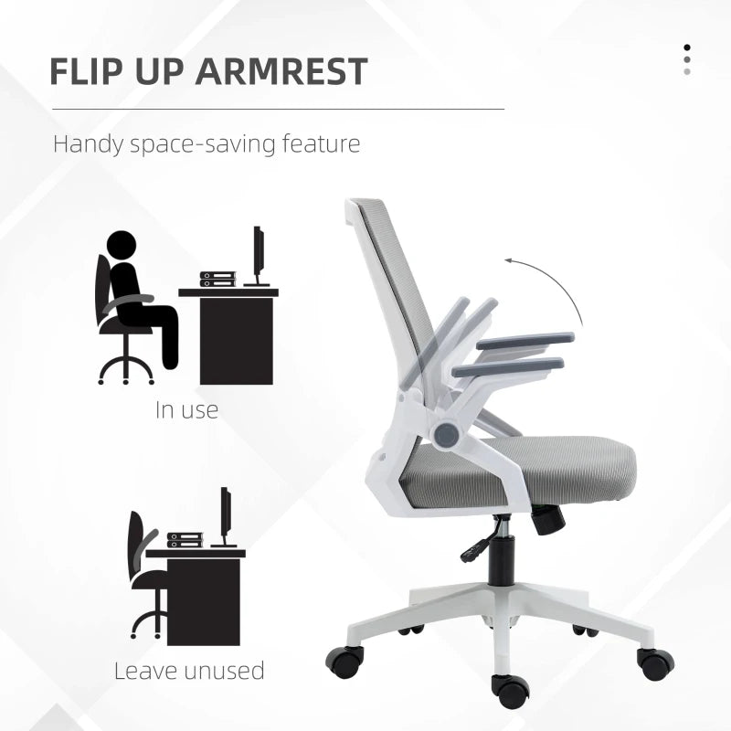Vinsetto Grey Mesh Office Chair with Lumbar Support, Adjustable Height, Flip-up Armrests & Swivel Wheels - Ergonomic Desk Chair