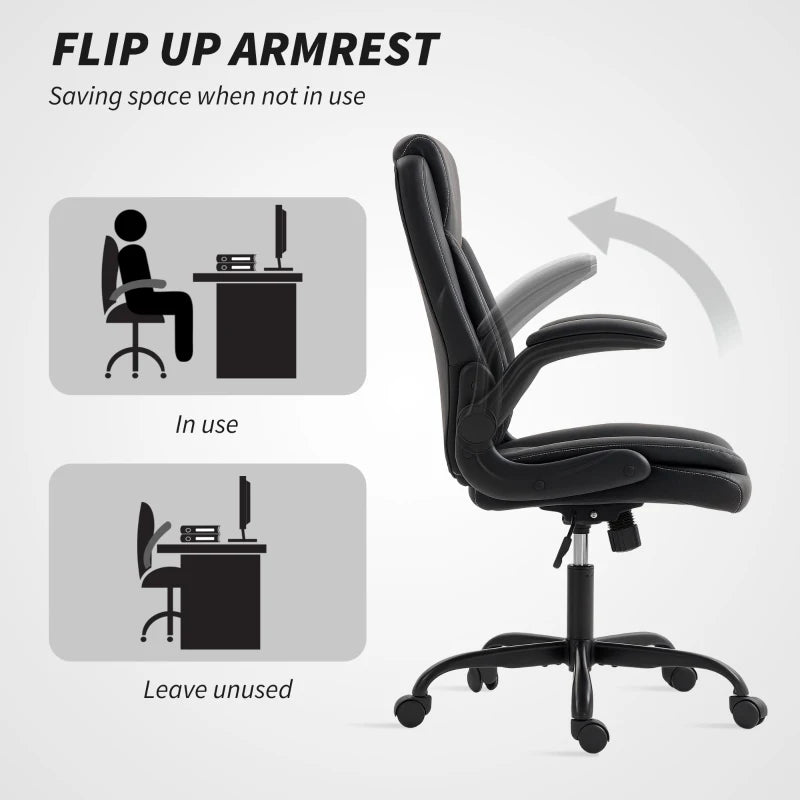 Ergonomic Faux Leather Office Chair with Flip-Up Armrests - Stylish Black Design for Comfort and Productivity
