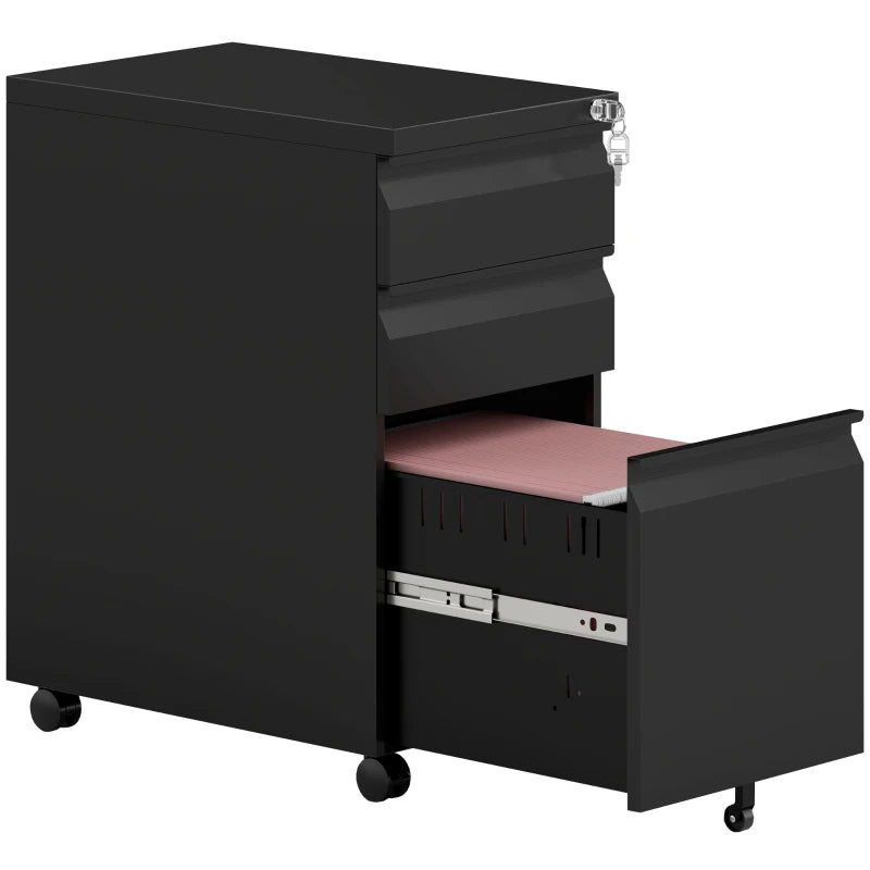Vinsetto Black 3-Drawer Steel Filing Cabinet with Lock & Wheels - Secure Storage Solution for Home & Office