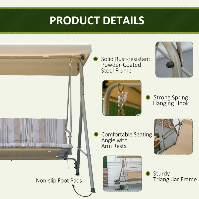 3 Seater Patio Swing Chair with Tilting Canopy, Light Brown
