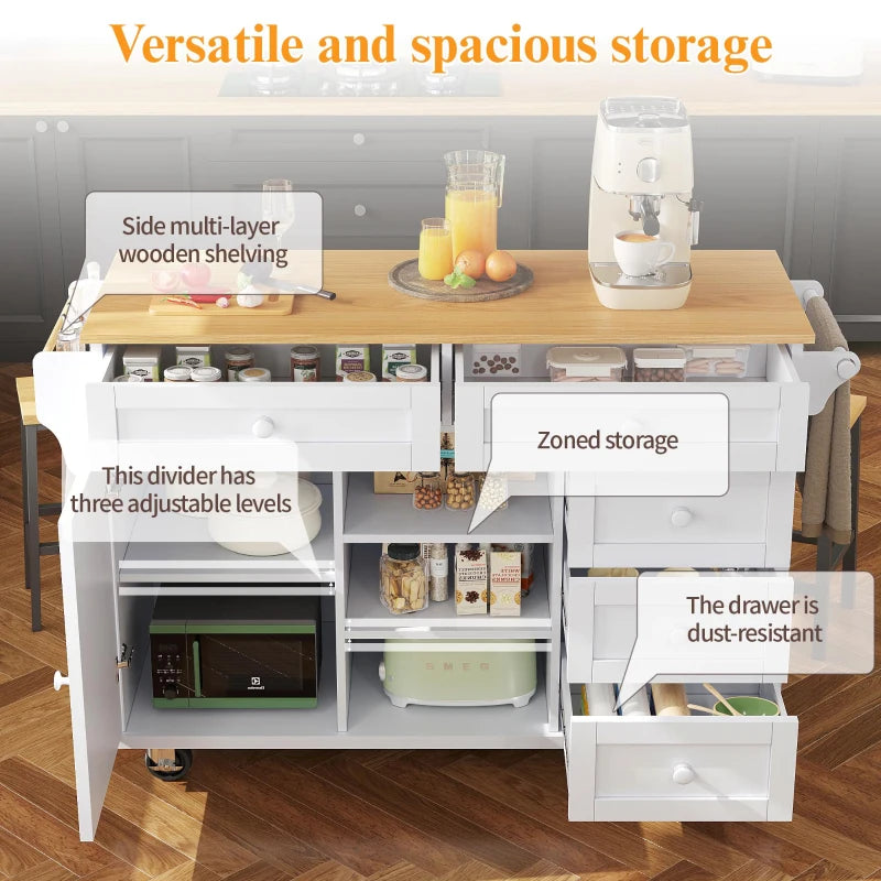 Versatile Dining Trolley with Drawer - Mobile & Fixed Food Cart for Kitchen Storage, 134L x 46W x 92H cm, White