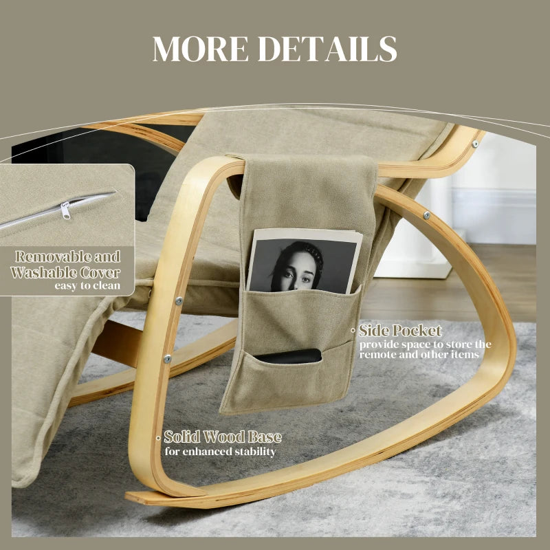 Adjustable Rocking Lounge Chair with Footrest, Side Pocket and Pillow for Ultimate Relaxation in Khaki