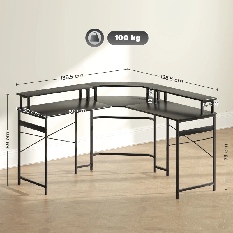 L-Shaped Black Work Desk with LED Lights - Modern Home Office Furniture for Efficient Workspace Organization
