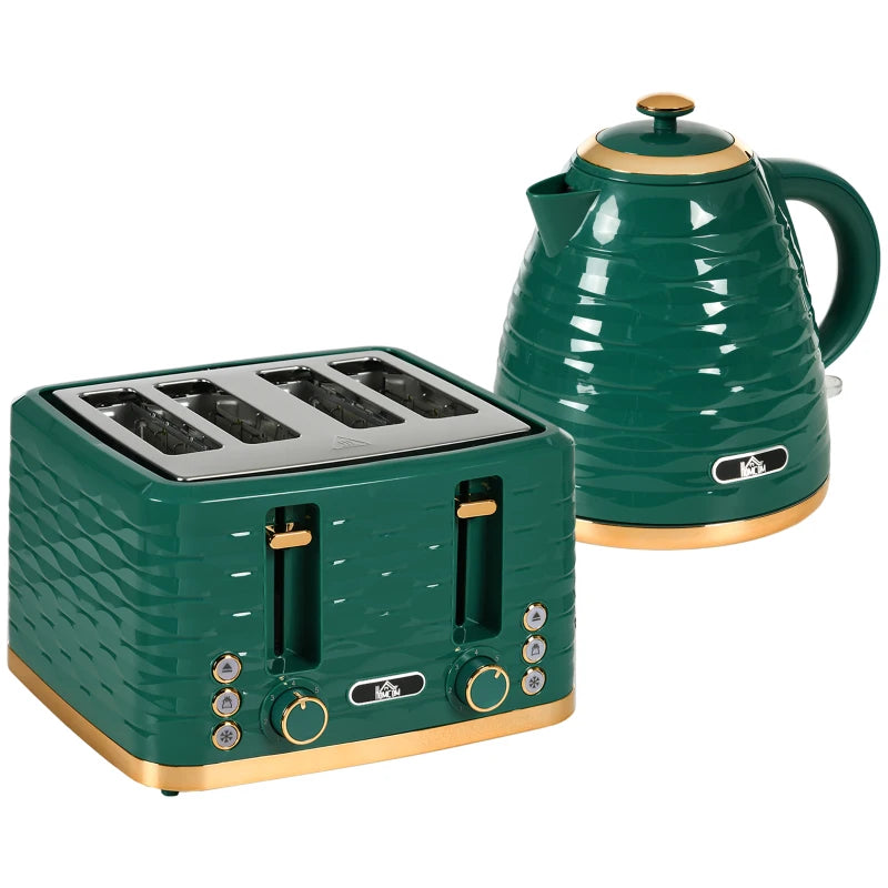 3000W 1.7L Rapid Boil Kettle & 4 Slice Toaster Set - Green, 7 Browning Controls, Crumb Tray, Kitchen Essentials