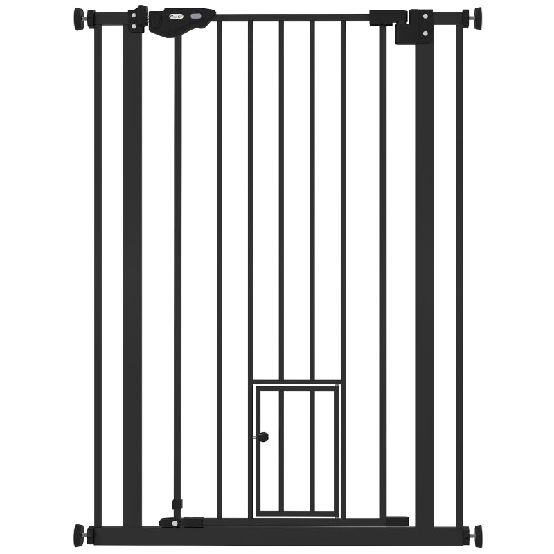 Extra Tall Indoor Dog Safety Gate with Cat Flap, Auto Close, 74-80cm Wide - Black Pet Barrier