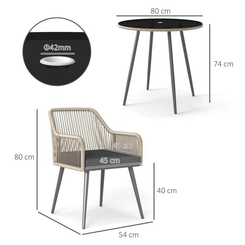 4 Seater Light Brown Rattan Dining Set with Cushions - Outdoor Round Glass Top Table and Chairs for Patio and Balcony