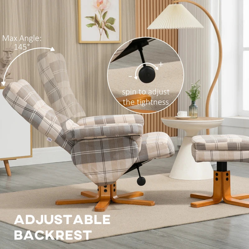 Linen Swivel Recliner Chair with Footstool and Storage, Wooden Base for Living Room, Multicolour