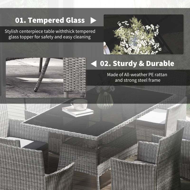 7-Piece Grey Rattan Garden Furniture Set - 6 Seater Dining Set with Cushions and Rectangular Glass Top Table
