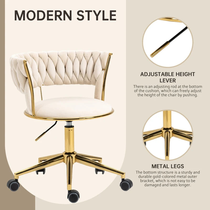 Ivory Velvet 360° Swivel Computer Chair with Backrest, Adjustable Height, 5 Wheels, Stainless Base, 62x62x77 cm