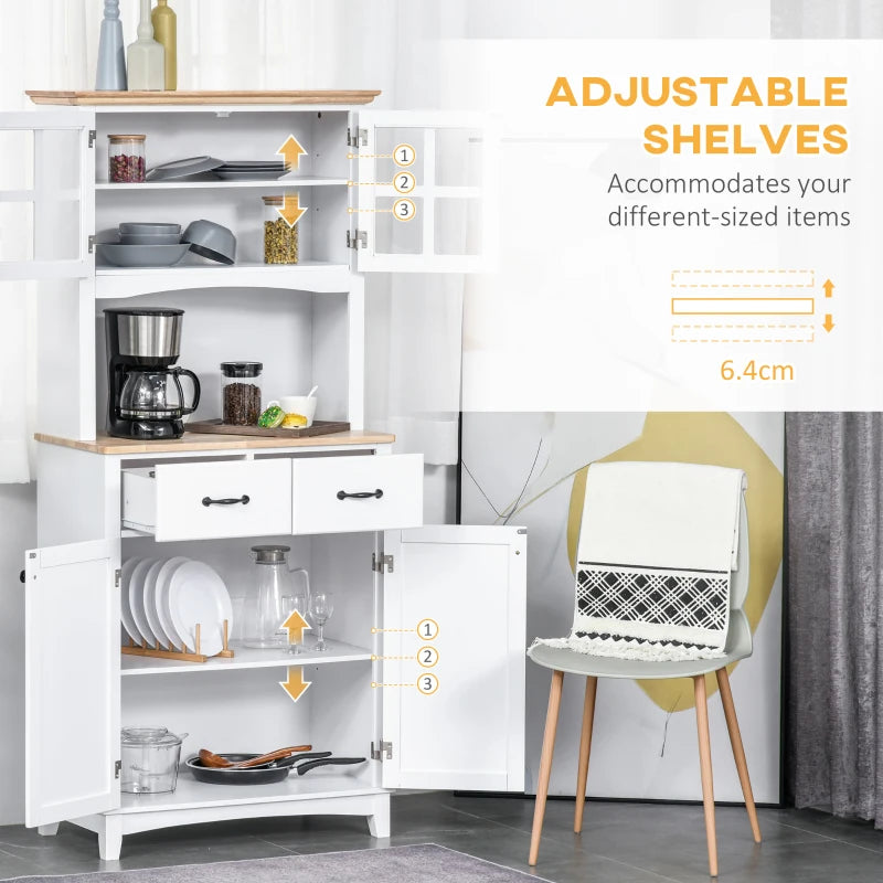 Freestanding Kitchen Cupboard with Glass Doors & 2 Drawers - Stylish White Storage Cabinet for Microwave & Kitchen Essentials