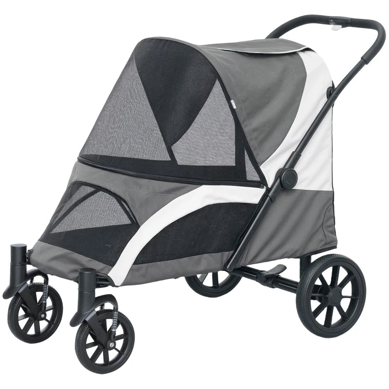 Foldable Large Dog Pet Stroller with 4 Big Wheels Shock-Absorbing Frame Safety Leashes and Brakes Dark Grey