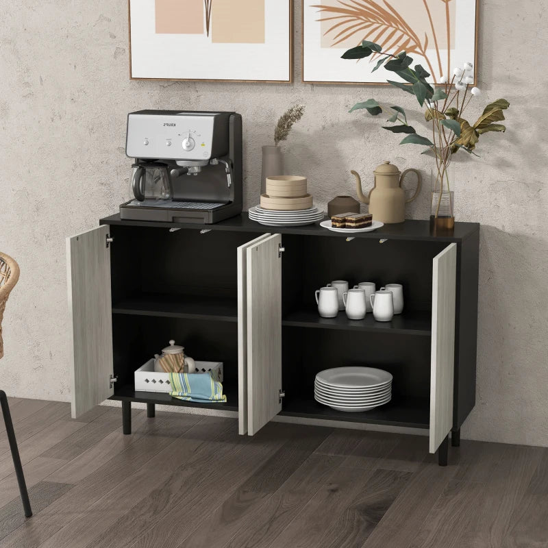 Stylish Black Kitchen Sideboard Storage Cabinet with Adjustable Shelves, 4 Doors & Pine Wood Legs for Living Room