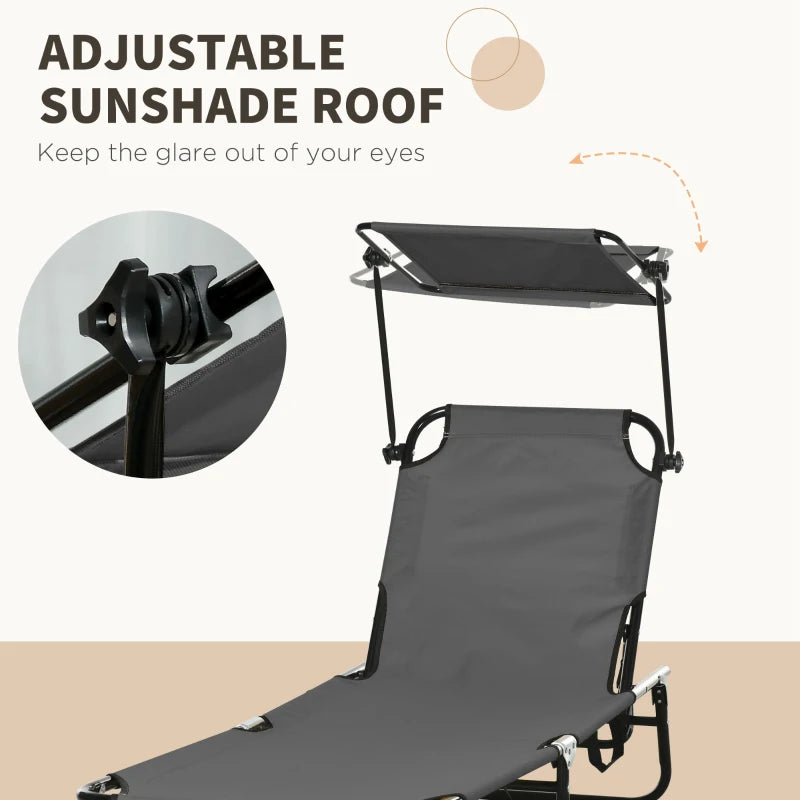 2 Piece Dark Grey Folding Sun Loungers with Canopy - Adjustable Recliner Garden Chairs with Side Pocket, Steel Frame and Breathable Mesh for Outdoor, Pool, Beach, Garden