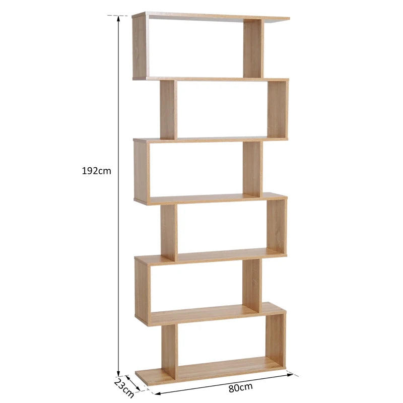 6-Tier S-Shaped Bookcase - Stylish Oak Storage Unit & Display Shelf for Living Room, Bedroom, Home Office, Plants