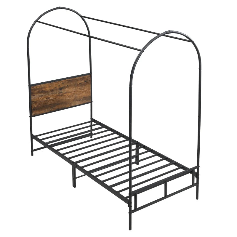 Durable Metal Canopy Bed Frame with Wood Headboard - Easy Self-Installation, Black, 195L x 90.5W x 192H cm