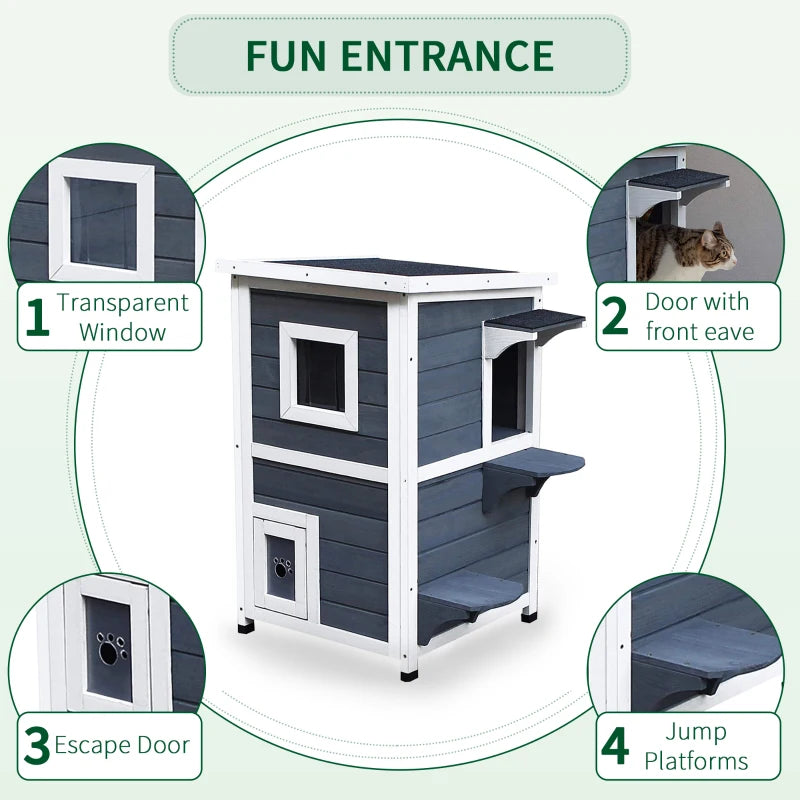 Wooden Cat House - 2-Floor Outdoor Kitten Shelter with Window - Stylish Grey Design for Cats and Kittens