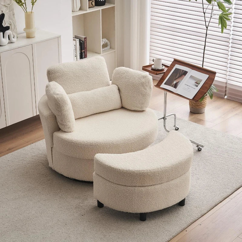 Teddy Swivel Armchair with Cushions and Ottoman Stool, 360° Recliner Sofa, White, 107L x 105W x 82H cm