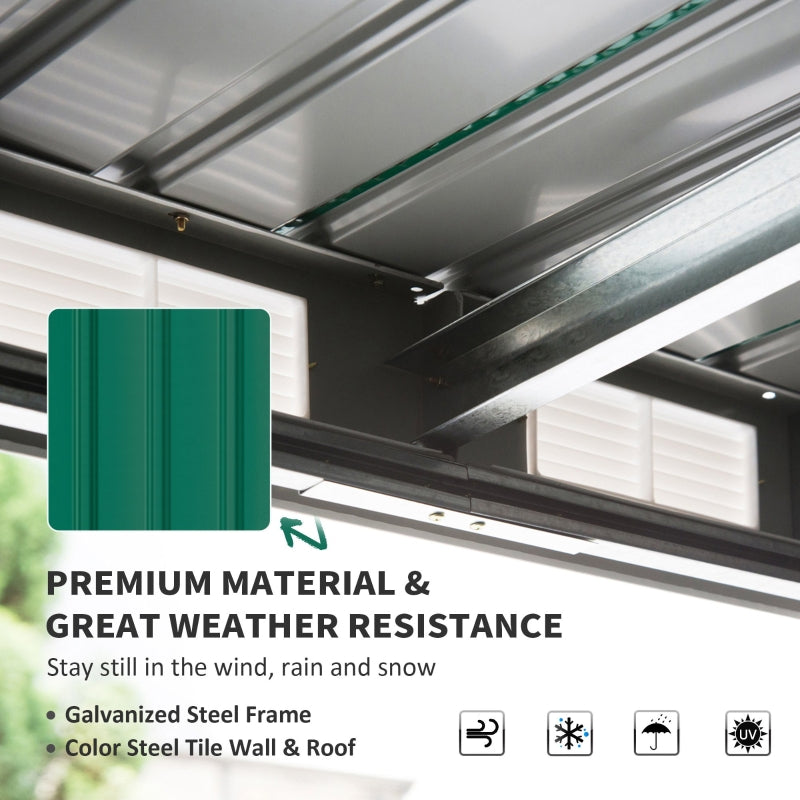Deep Green 9ft x4 ft Metal Outdoor Garden Shed with Floor Foundation, Ventilation System, and Double Doors