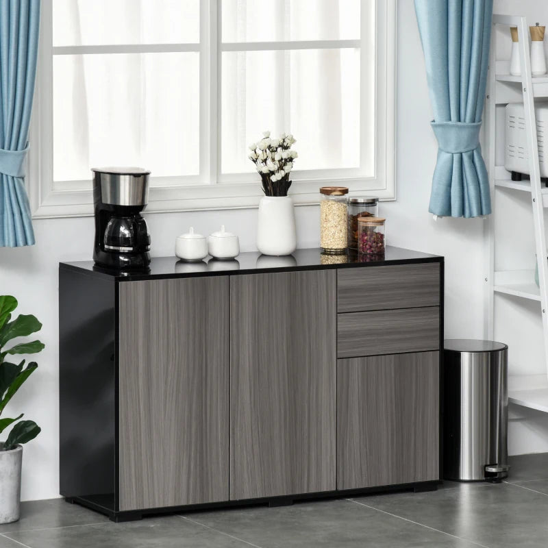 High Gloss Side Cabinet with Push-Open Design, 2 Drawers & 2 Cabinets, Light Grey & Black, 74H x 117W x 36Dcm