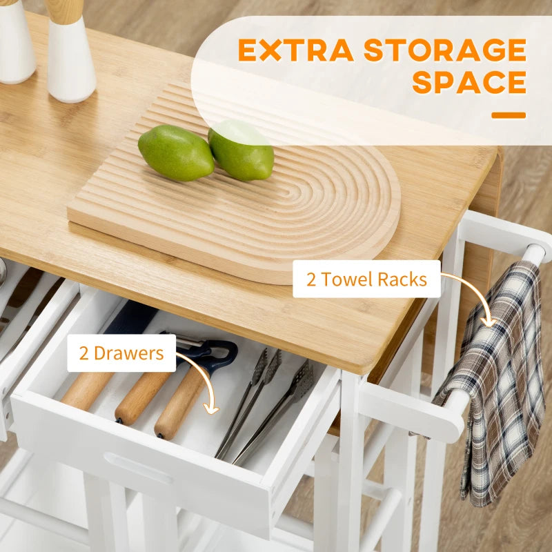 Bamboo Kitchen Island Set with 2 Stools, Rolling Breakfast Cart, Drop Leaf Top, Drawers & Towel Rack - White