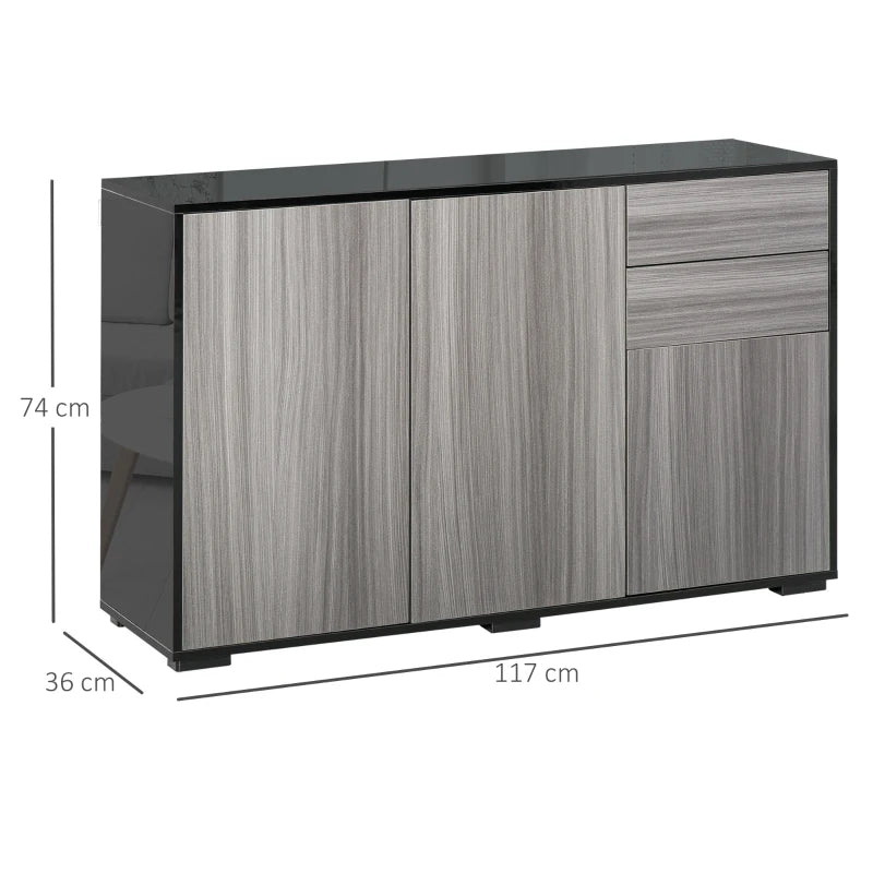 High Gloss Side Cabinet with Push-Open Design, 2 Drawers & 2 Cabinets, Light Grey & Black, 74H x 117W x 36Dcm