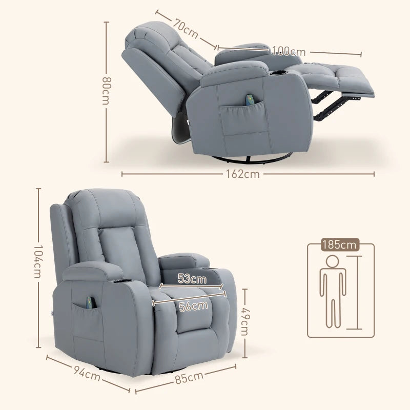 Comfortable Massage Recliner Chair with 8 Vibration Settings, Heat Function, Cup Holders, and Side Pockets in Light Grey