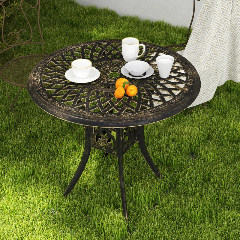 78 cm Round Bronze Tone Garden Dining Table with Parasol Hole - Antique Cast Aluminium Outdoor Table