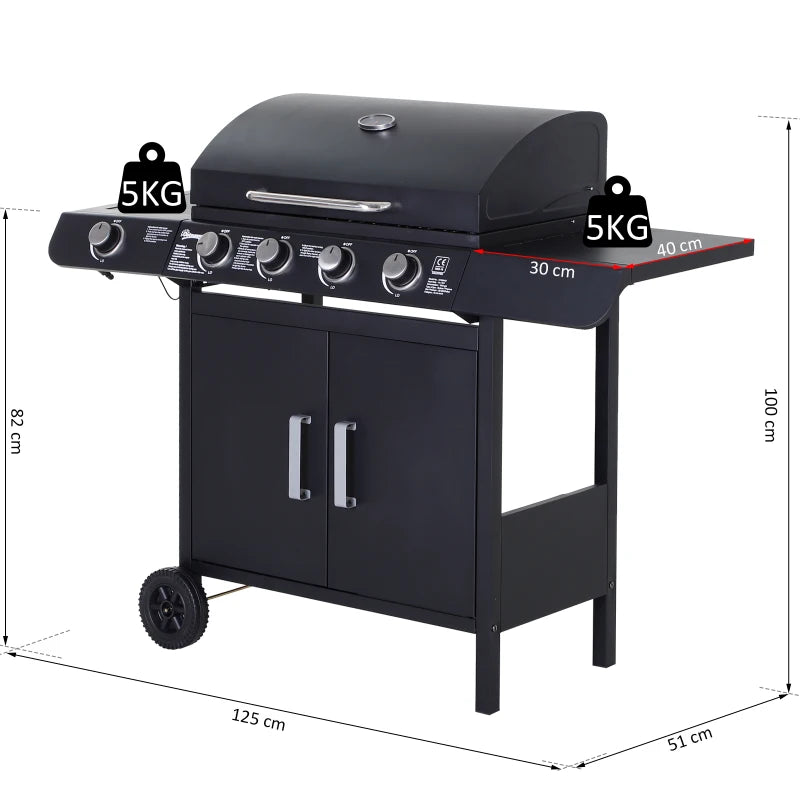 5-Burner 4+1 Black Gas BBQ Grill with Smoker and Side Table - Outdoor Barbecue Trolley with Wheels, Warming Rack, Side Shelves, Cabinet, Thermometer