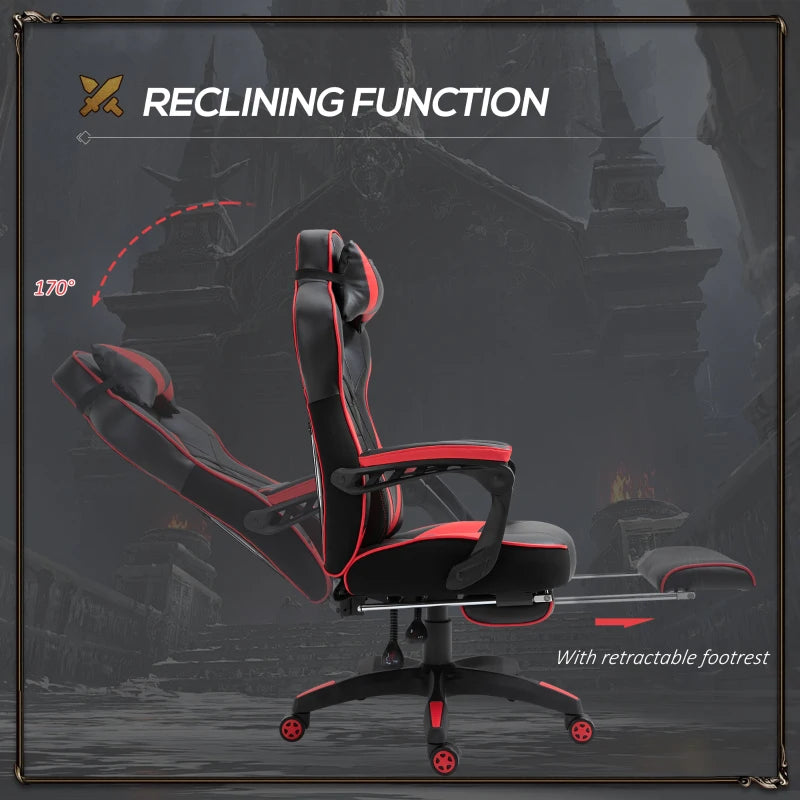 Vinsetto Racing Gaming Chair with Lumbar Support & Footrest - PU Leather Gamer Desk Chair with Headrest & Swivel Wheels, Red