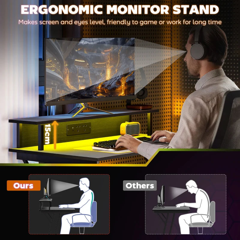 Two-Level LED Gaming Desk - Black | Modern Ergonomic Design with RGB Lighting for Ultimate Gaming Experience