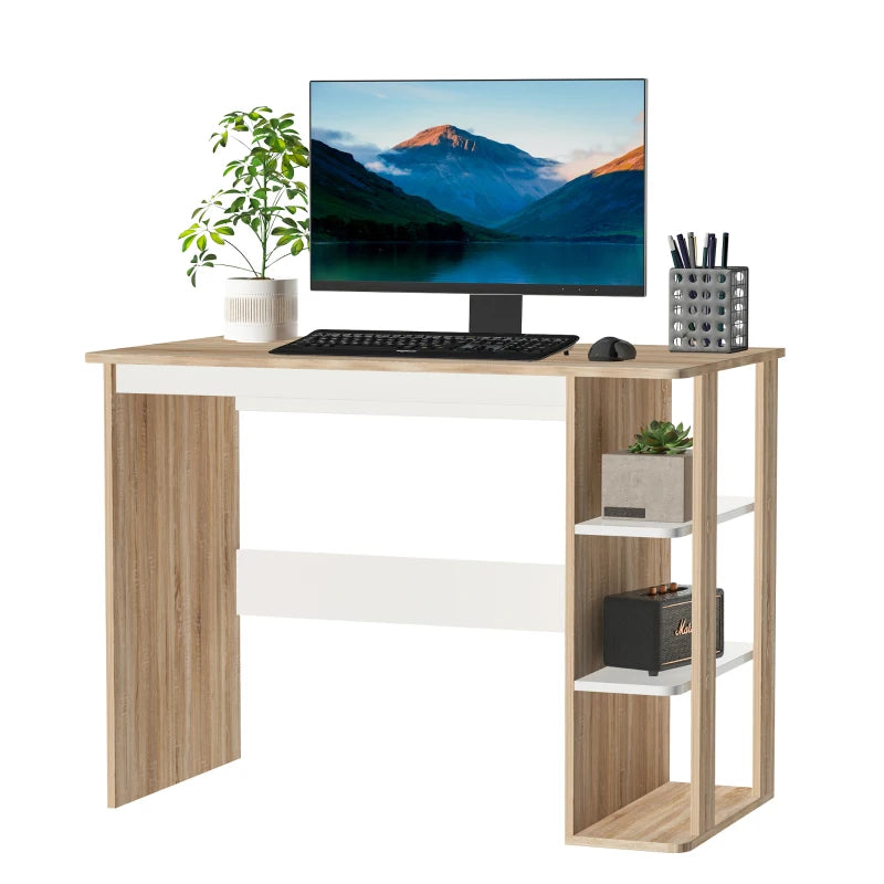 Modern Oak & White Computer Desk with 3-Tier Storage Shelf - Stylish Writing Desk for Home Office & Study