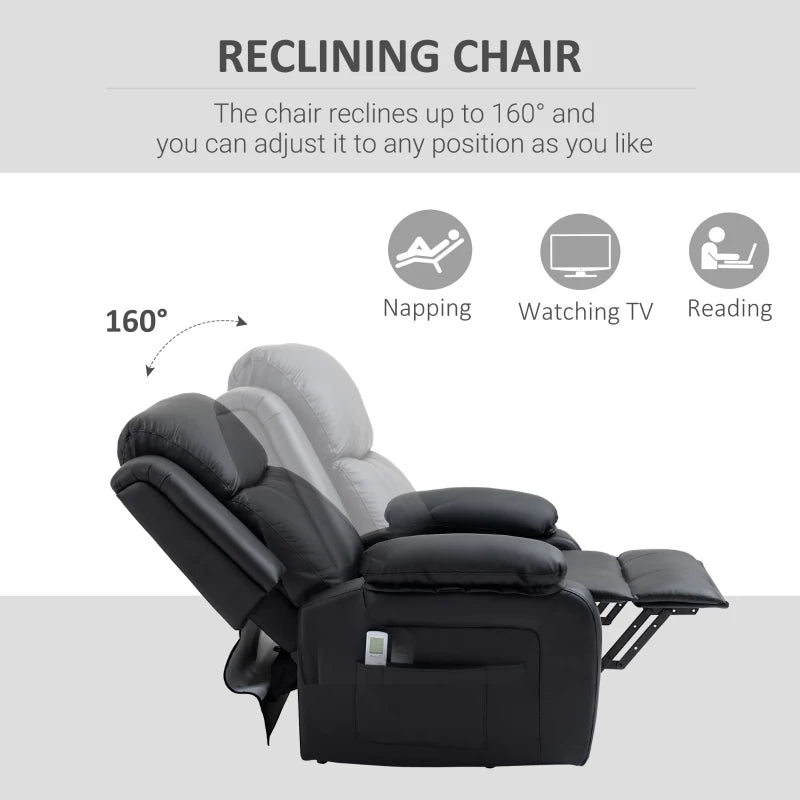 Electric Recliner Chair with Massage Function, Power Lift for Elderly, Remote Control, Extended Footrest, Dual Side Pockets, Overstuffed Design, Black
