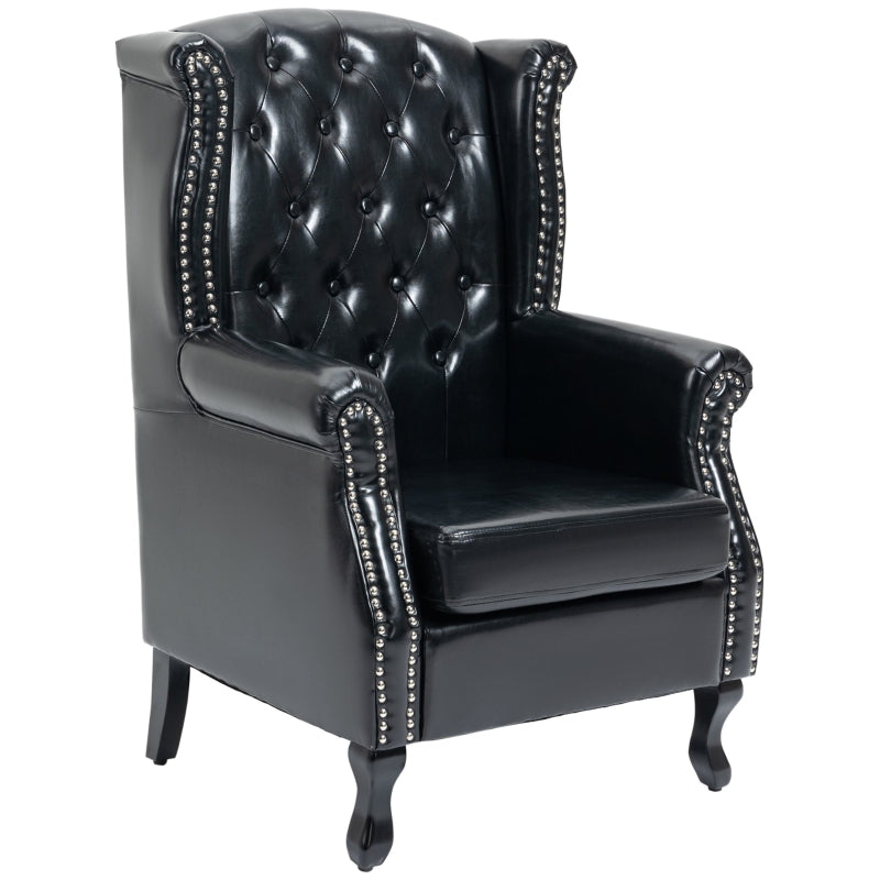 Tufted Chesterfield-Style Wingback Accent Chair with Nail Head Trim for Living Room or Bedroom in Black