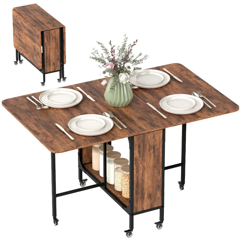 Rustic Brown and Black Six-Person Drop Leaf Dining Table - Space-Saving Design for Modern Homes