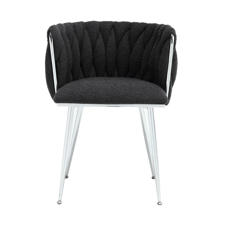 Set of 2 Modern Boucle Upholstered Dining Chairs with Silver Legs & Armrests - Stylish Living Room Seating, Black, 54x52x73 cm