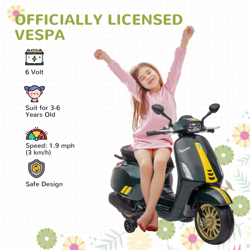 12V Licensed Kids Electric Vespa Motorbike with Music Headlights FM Radio for Ages 3-6 Green