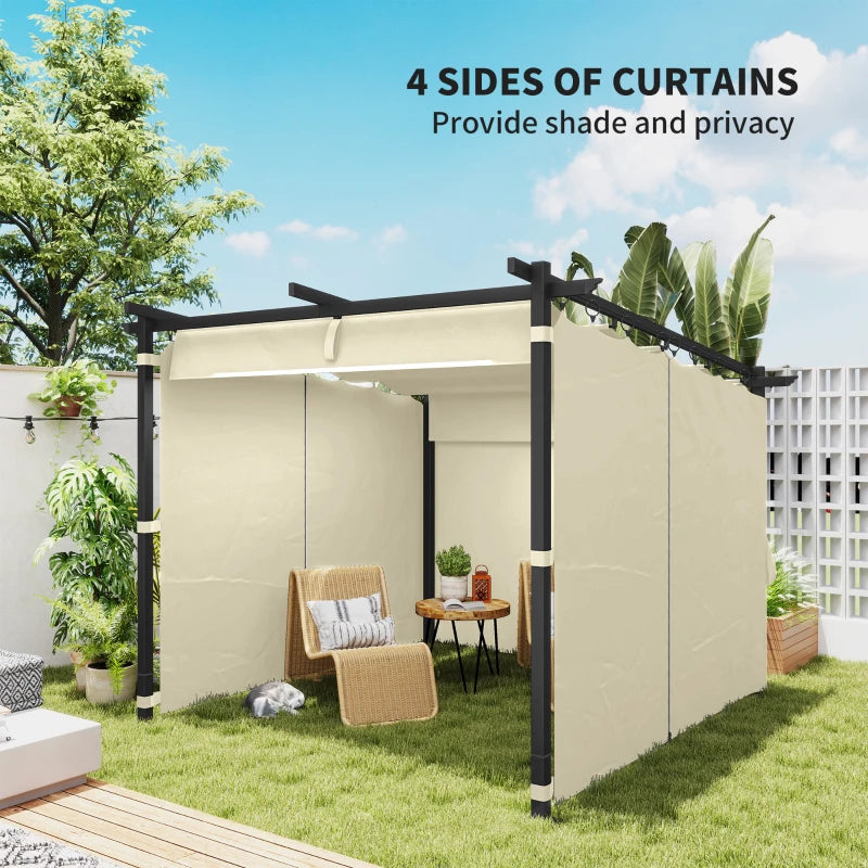 3 x 3 m Beige Retractable Roof Pergola with Curtains