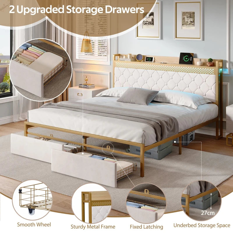 Modern Double Bed Frame with Storage Drawers & RGB LED Headboard - Beige & Chrome, 207L x 138W x 100H cm