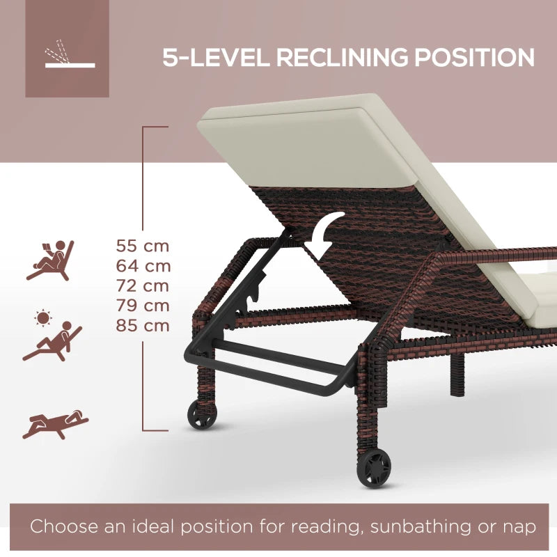 Rattan Wicker Outdoor Sun Lounger - Grey, Adjustable Backrest, 2 Wheels